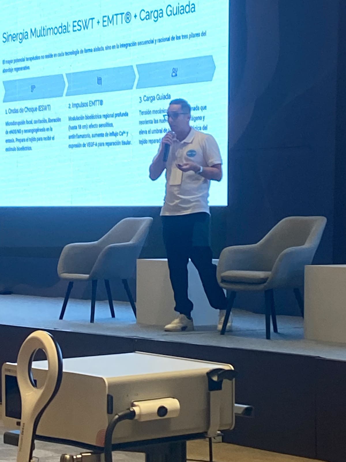 Enmanuel Li Torres explicando la sinergia multimodal ESWT, EMTT y carga guiada durante su ponencia internacional